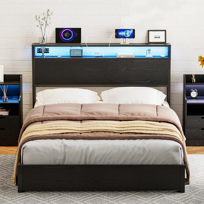 Ivy Bronx Kaiwei Storage Headboard With Led Lights & Charging Station - Industrial Metal And Wood