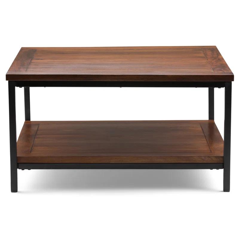 Simpli Home Skyler 34"W Solid Mango Wood Industrial Square Coffee Table with Open Shelf and Metal Frame