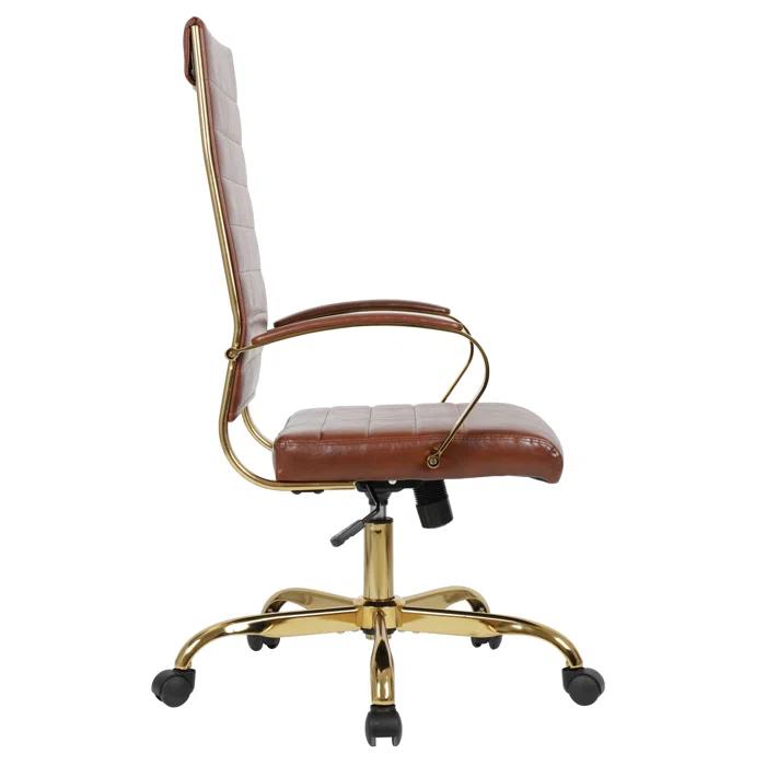 Everly Quinn Humairaa Leather Office Chair – Executive Task Chair with Swivel, Adjustable Height & Gold Base for Home Office or Conference Room