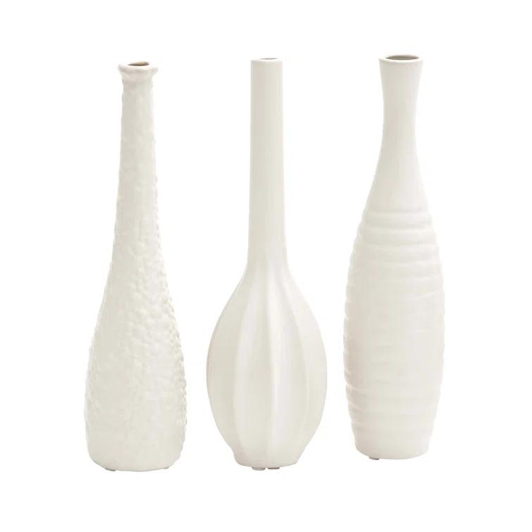 Ceramic Slim Textured Bottleneck Decorative Vase with Varying Patterns Set (Set of 3)