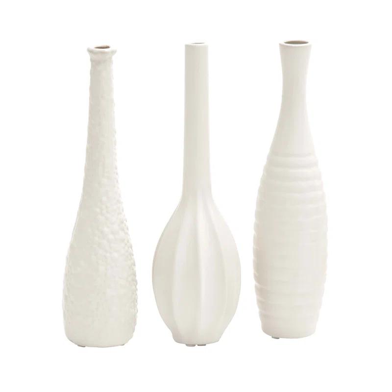 Ceramic Slim Textured Bottleneck Decorative Vase with Varying Patterns Set