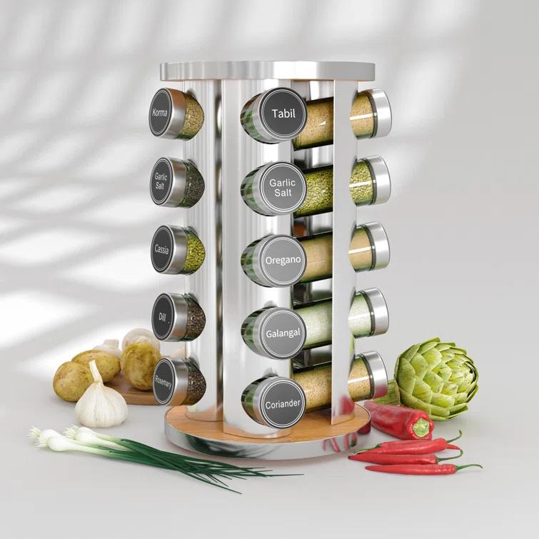 New England Stories Revolving Spice Rack Set with 20 Spice Jars - Kitchen Spice Tower Organizer for Countertop or Cabinet, Includes 386 Spice Labels, Rotating Desktop Seasoning Organizer