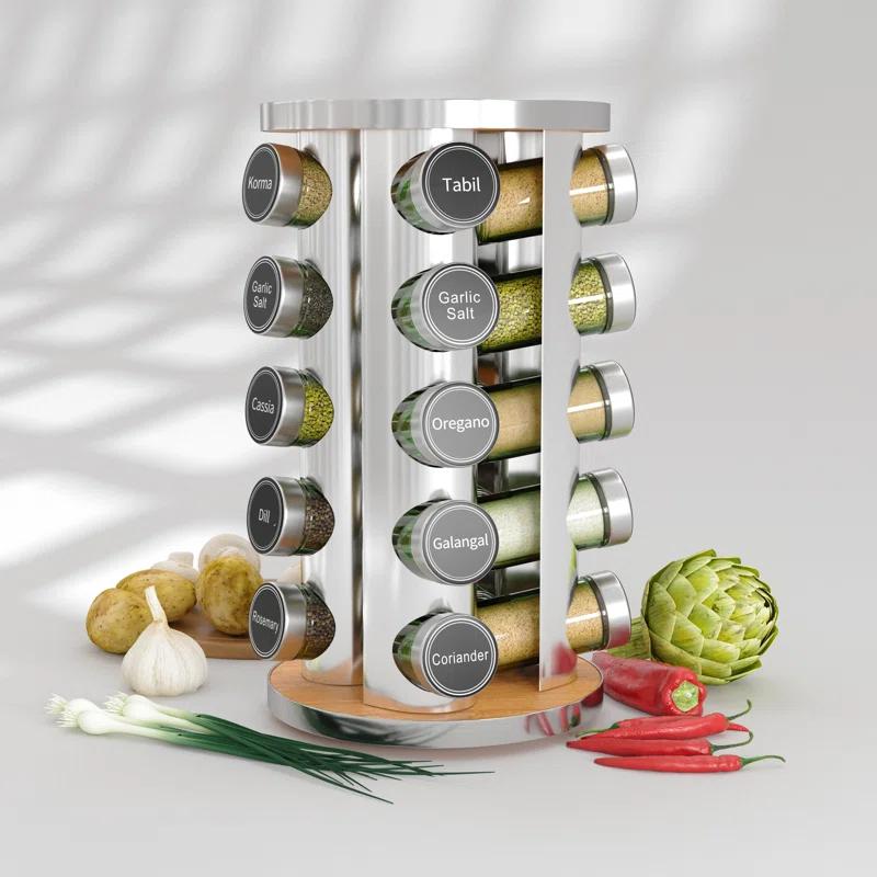 New England Stories Revolving Spice Rack Set with 20 Spice Jars - Kitchen Spice Tower Organizer for Countertop or Cabinet, Includes 386 Spice Labels, Rotating Desktop Seasoning Organizer