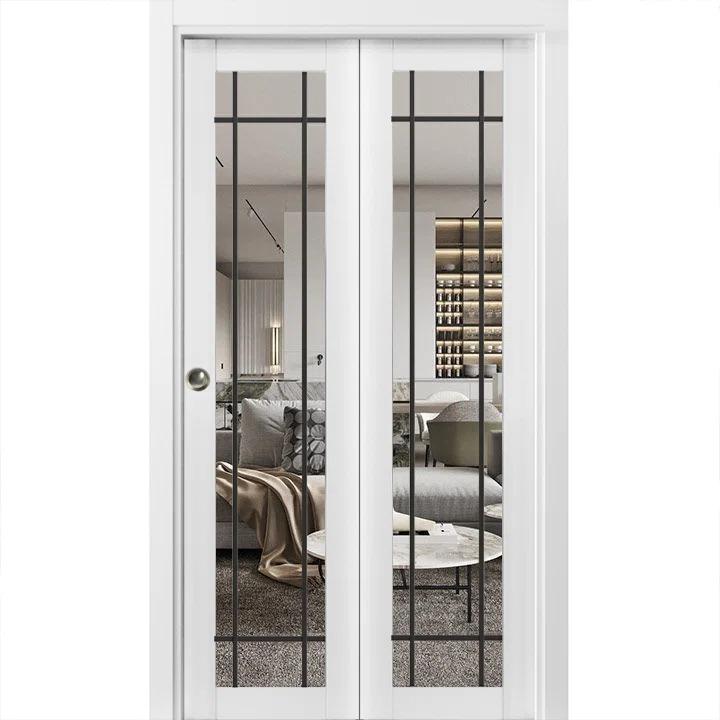 SARTODOORS Sliding Closet Bi-Fold Doors | Lucia 2266 Silk With Clear Glass | Sturdy Tracks Moldings Trims Hardware Set | Wood Solid Bedroom Wardrobe Doors-Clear Glass