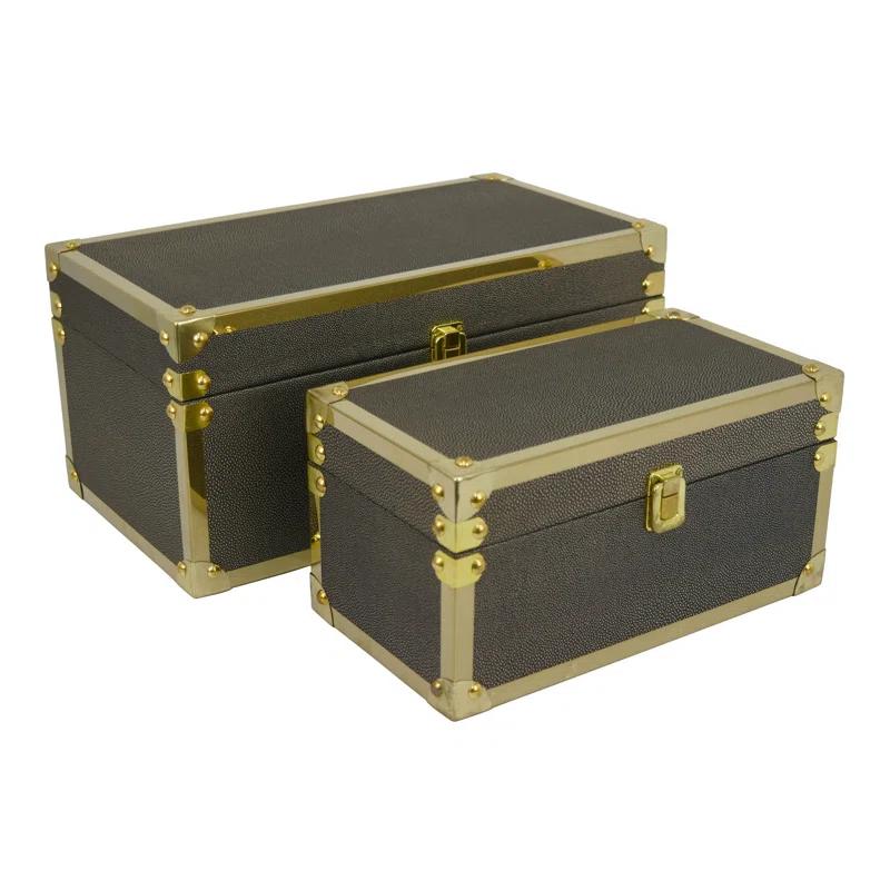 Benjara Mecca Storage Box Set of 2, Rivet Accents, Metal Trim, Wood