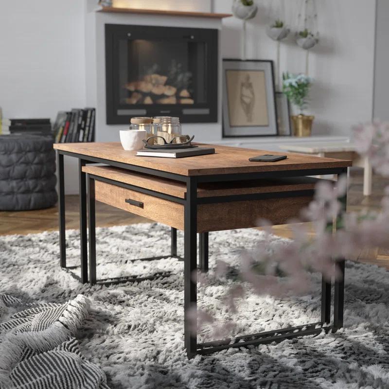 Flash Furniture 2 Piece Modern Nesting Coffee Table Set with Storage Drawer and Sled Base Metal Frames