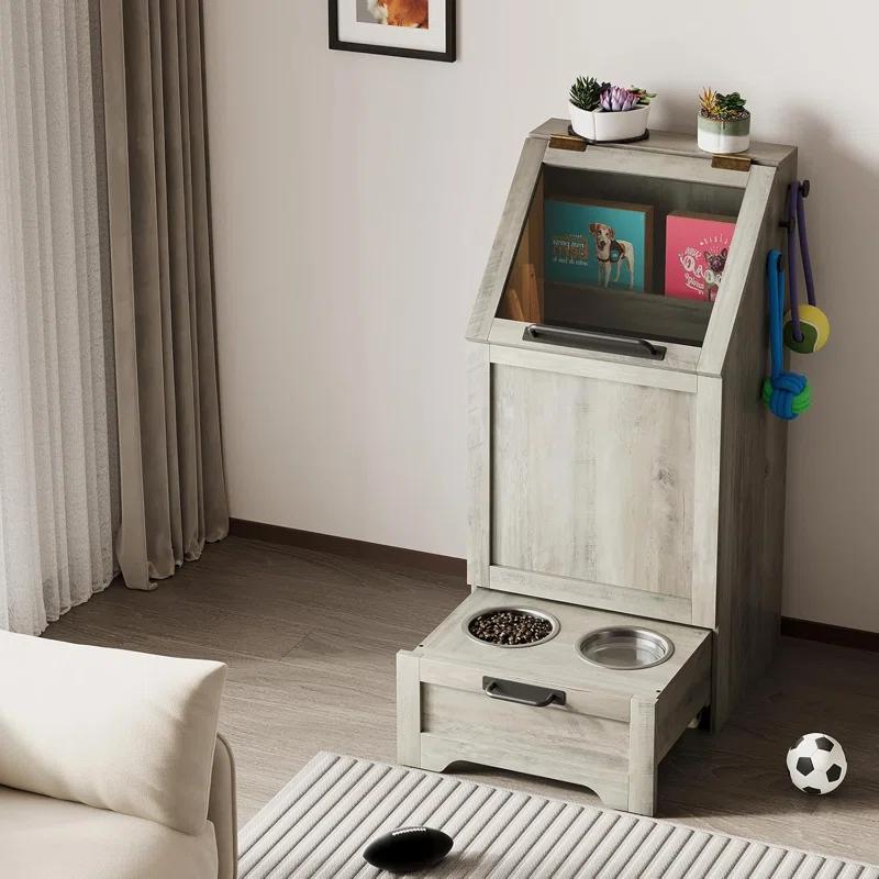 gaomon Dog Feeding Station with Storage Cabinet, 2 Elevated Dog Bowls, Filp Top Dog Food Storage Cabinet Container