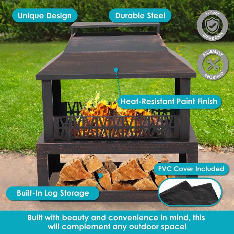 Lark Manor™ Courter 29" Rectangle Bronze Finish Steel Outdoor Fireplace with Log Storage