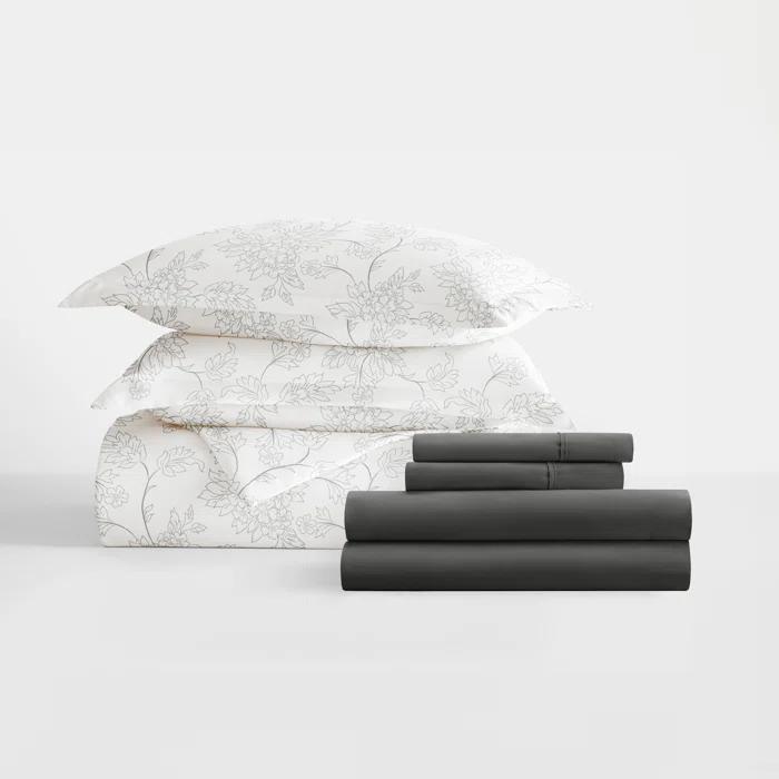 IEnjoy Home 8-Piece Reversible Bedding Bundle - Patterned Duvet Cover, Comforter Insert and Solid Sheet Set