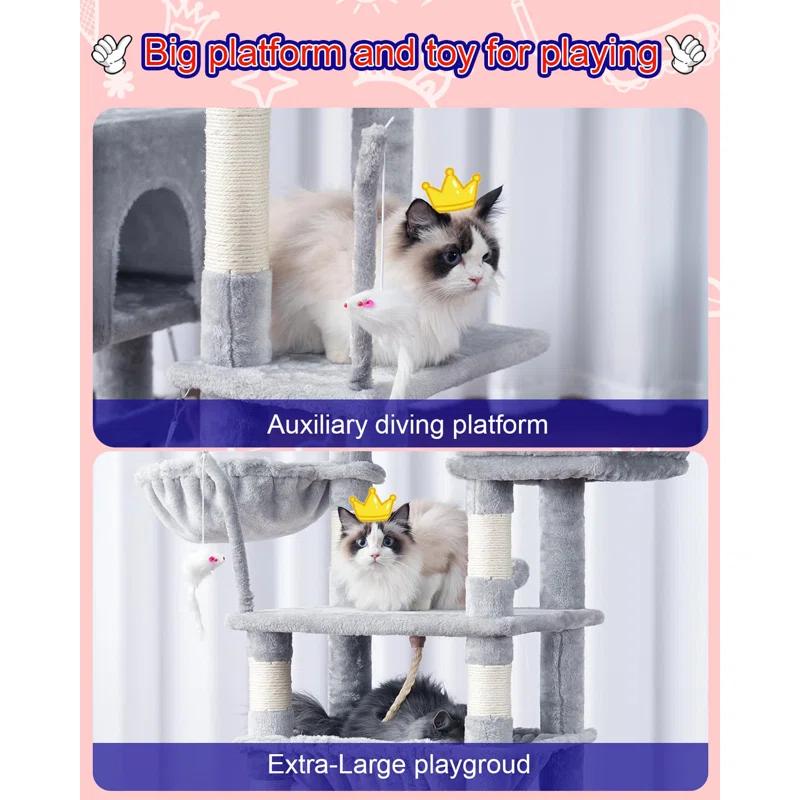 63" Cat Tree For Large Breeds - Spacious Platforms, Hammock, Sisal Scratching Posts & Cat Condo, Indoor Use