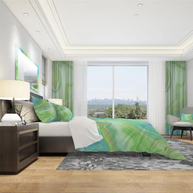 Design Art Marbled Colors in Shades of Green and Blue - Modern Abstract Duvet Cover Set - Microfiber Polyester