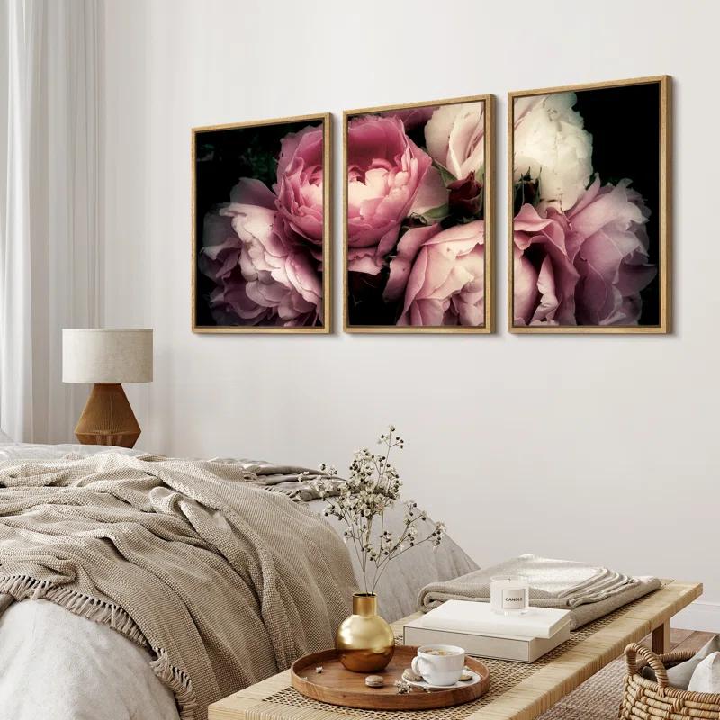 IDEA4WALL Flower Blossom " Pink Rose Peony Bouquet Floral Pictures Large Framed Canvas Print 3 Pieces Wall Art
