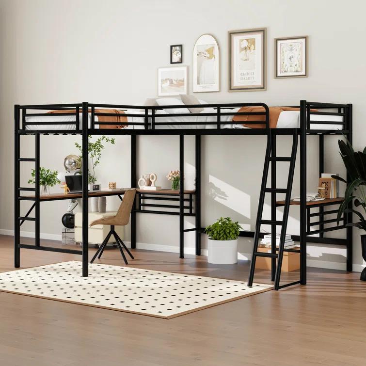Mason & Marbles Double Twin Size Loft Beds, Metal L-Shaped Loft Bed Frame With Two Desk