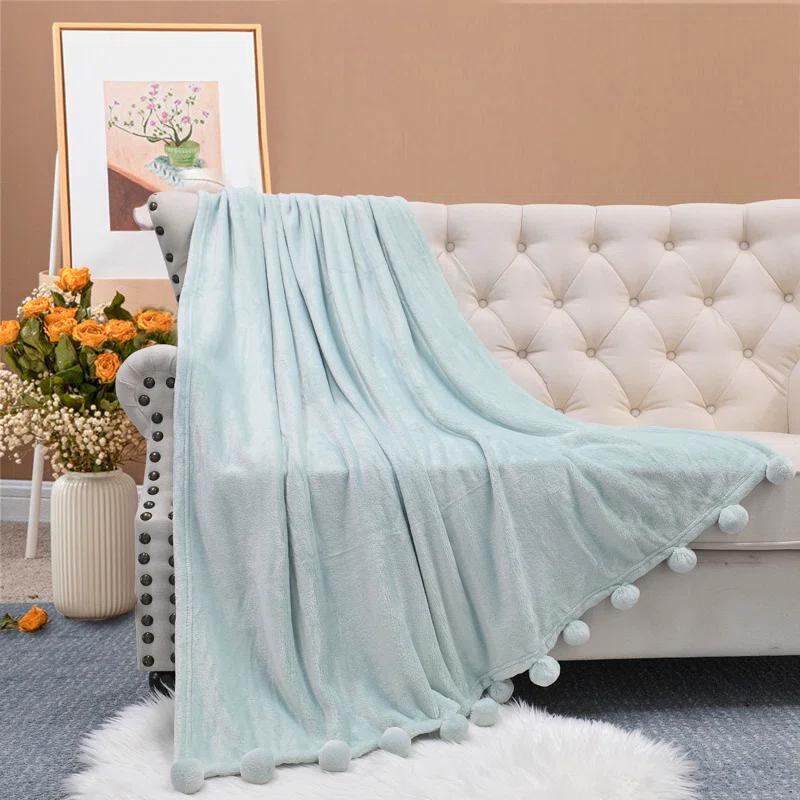 Home Soft Things Flannel Fleece Pom Pom Blanket
