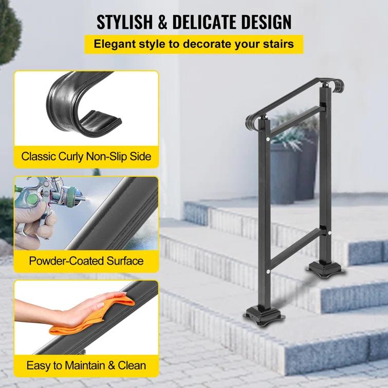 VEVOR 42.5" H x 19.7 " W x 6.3" D Adjustable Iron Handrail Black Fits 1 To 2 Steps Handrail Concrete Decor