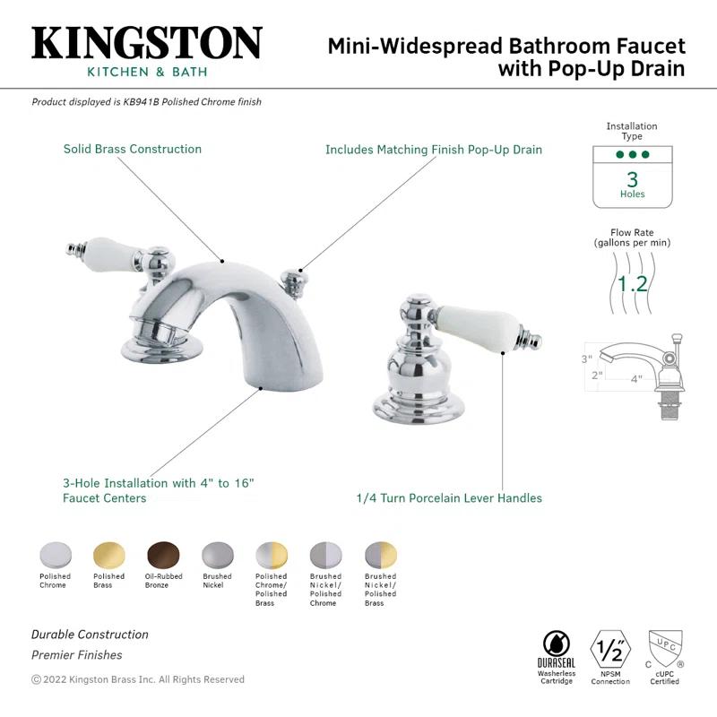 Kingston Brass Victorian Two-Handle 3-Hole Deck Mount Mini-Widespread Bathroom Faucet with Plastic Pop-Up