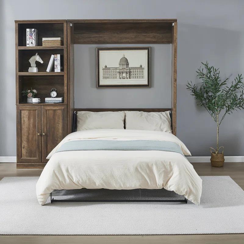 House On Tree Half Self-Close and Open Murphy Bed with 1 Side Cabinet Storage Shelf