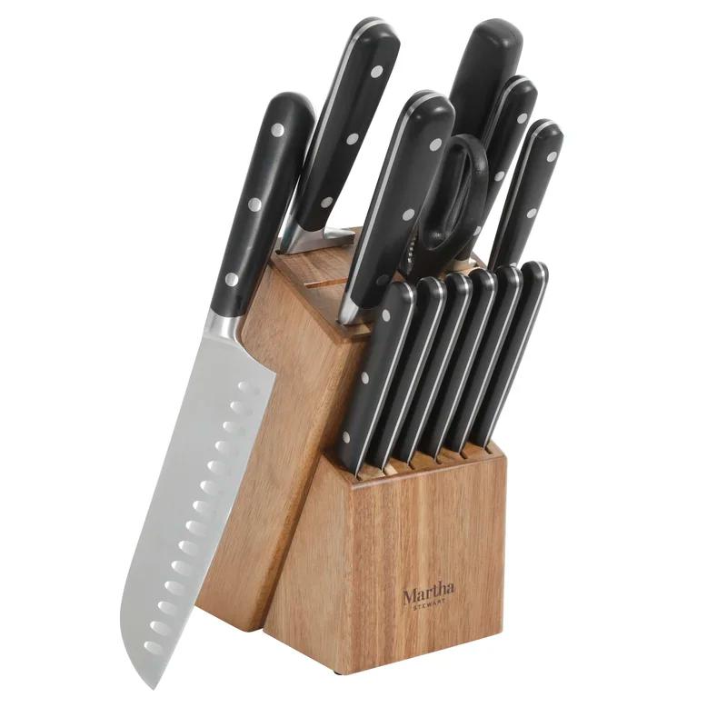 14-Piece Black Stainless Steel Knife Set with Acacia Block