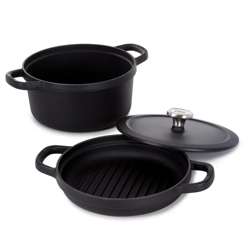BergHOFF BergHOFF Graphite 3Pc Cast Iron Enamel Cookware Set, Covered Dutch Oven and Grill Pan