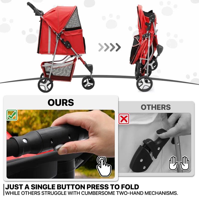MoNiBloom 3 Wheel Folding Pet Stroller, Foldable Dog Jogger Stroller with Storage Basket, Cup Holder & Canopy