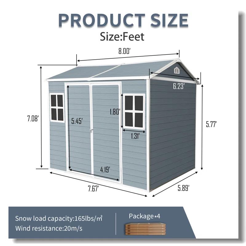 Tryimagine 8 X 6 Ft Resin Outdoor Storage Shed Waterproof Shed With Floor & Two Windows & Lockable Door, Tool Shed For Garden, Patio, Backyard