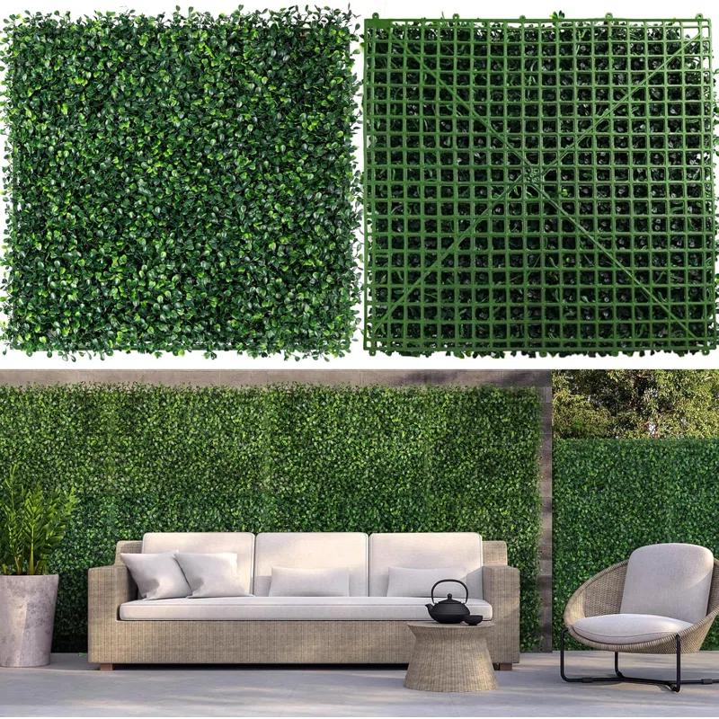 Tianqi Artificial Boxwood Plant Hedge, Green Grass Backdrop, Indoor and Outdoor Use (Set of 12)