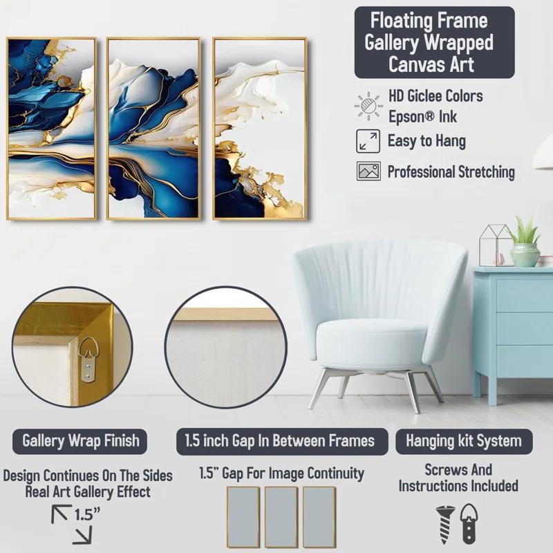 Design Art Abstract Geode Gold And Blue Marble Shape III - modern 3 Piece Print on Canvas