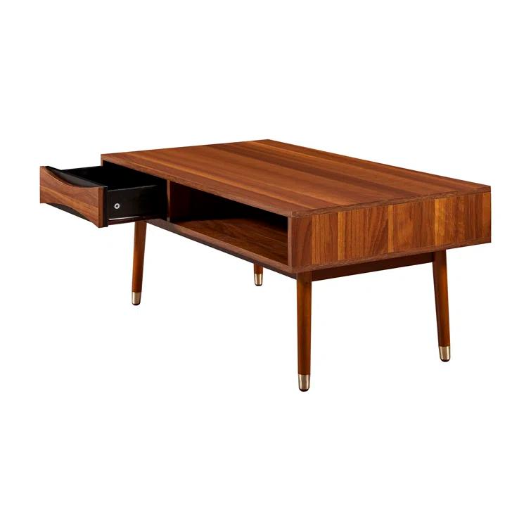 Wrought Studio™ Sabornton 40" Mid-Century Modern Coffee Table with Storage Shelf, Walnut Finish and Brass Leg Tips