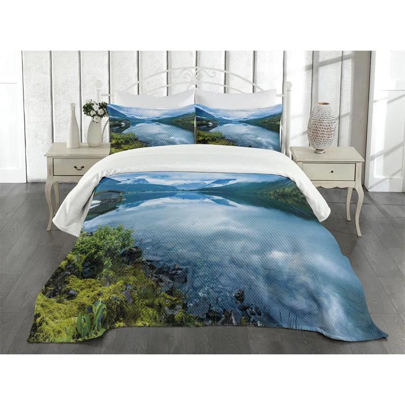 Ambesonne Ambesonne Nature Bedspread Set  Wooden Cabins Norway  Blue Green