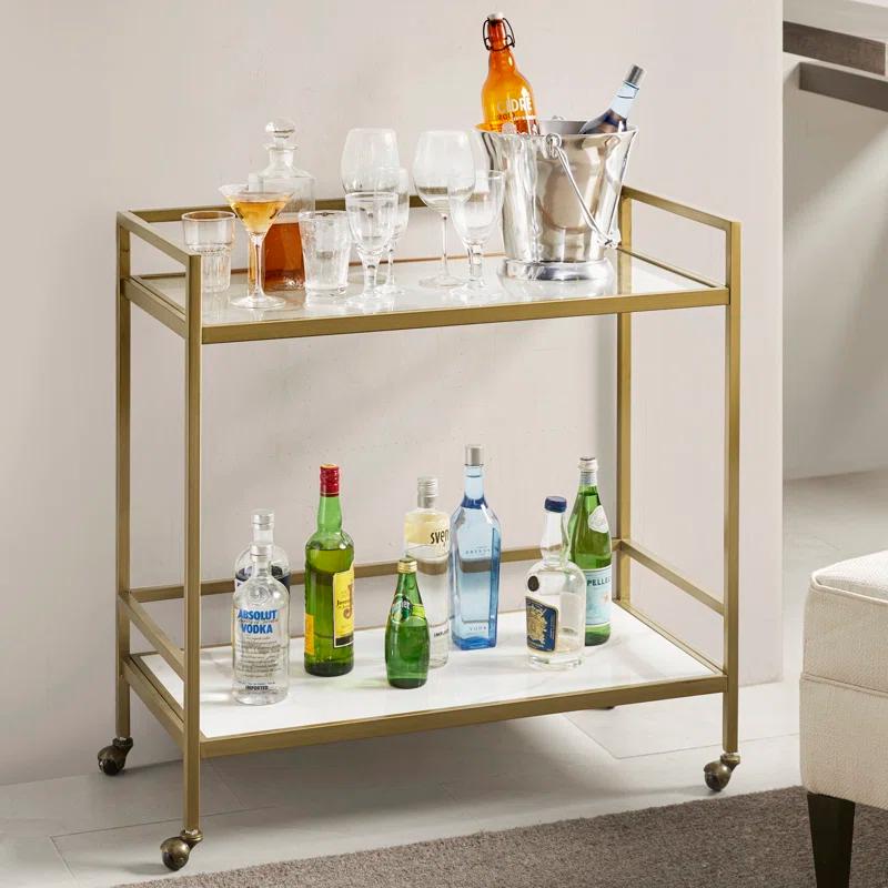 Martha Stewart Lionel 2-Tier Bar Cart with Glass Top and Ceramic Shelf