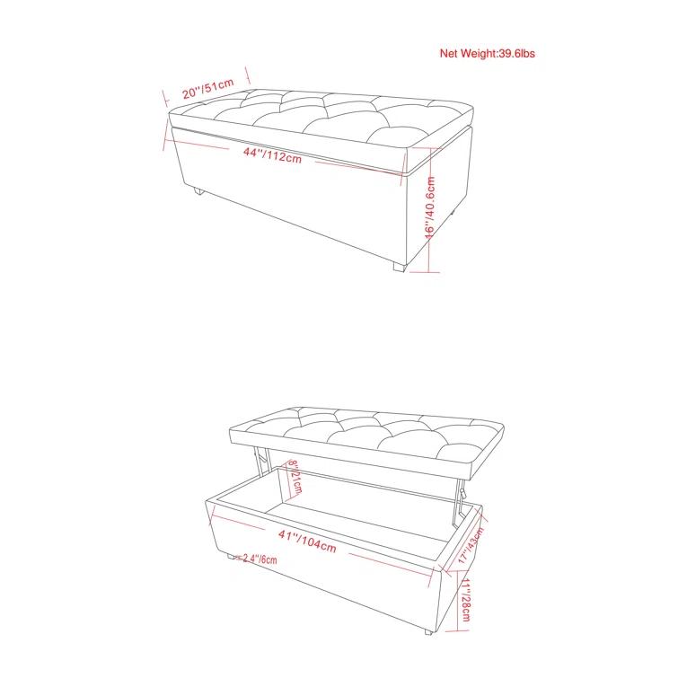 Simpli Home Hamilton 44"W Upholstered Lift-Top Storage Ottoman with Nailhead Trim and Tufted Detailing