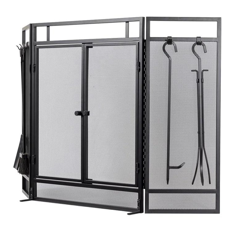 Kern River Mesh Trifold Fireplace Screen with 4 Piece Tool Set in Black