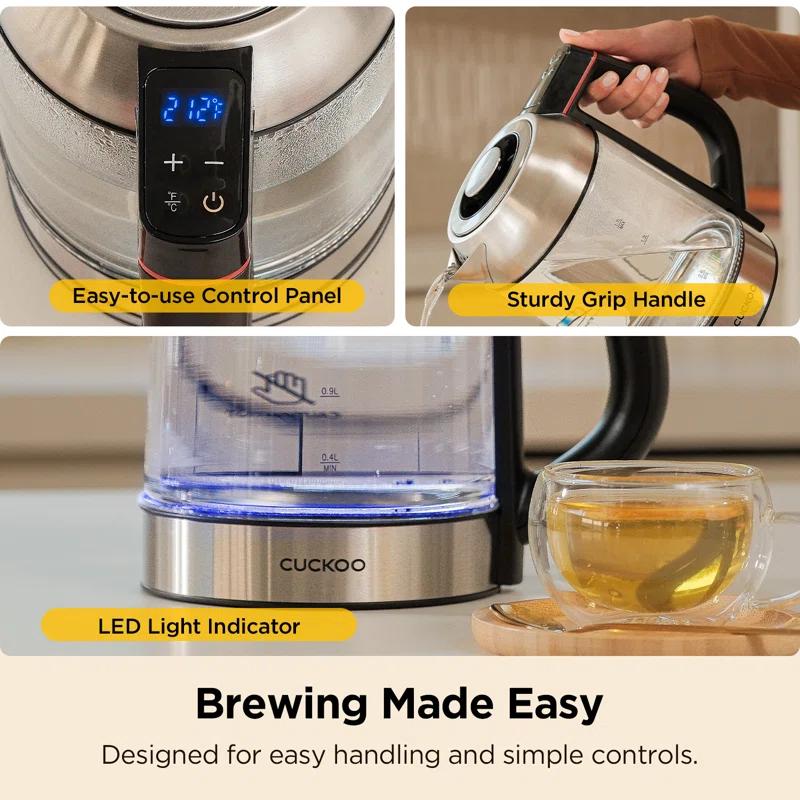 CUCKOO Electric Tea Kettle with Infuser & Temperature Control 7 Heat Settings LED Lights 1.7L Glass and Stainless Steel (CK-G170BS)
