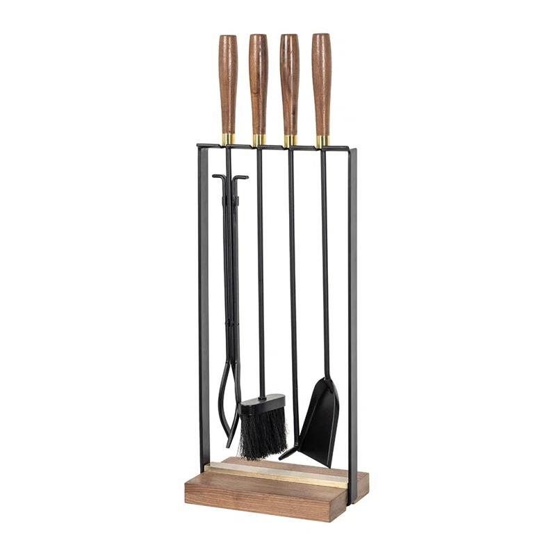 Country Living Walnut Grove 5 Piece Fireplace Tool Set in Black | Walnut Wood Handles