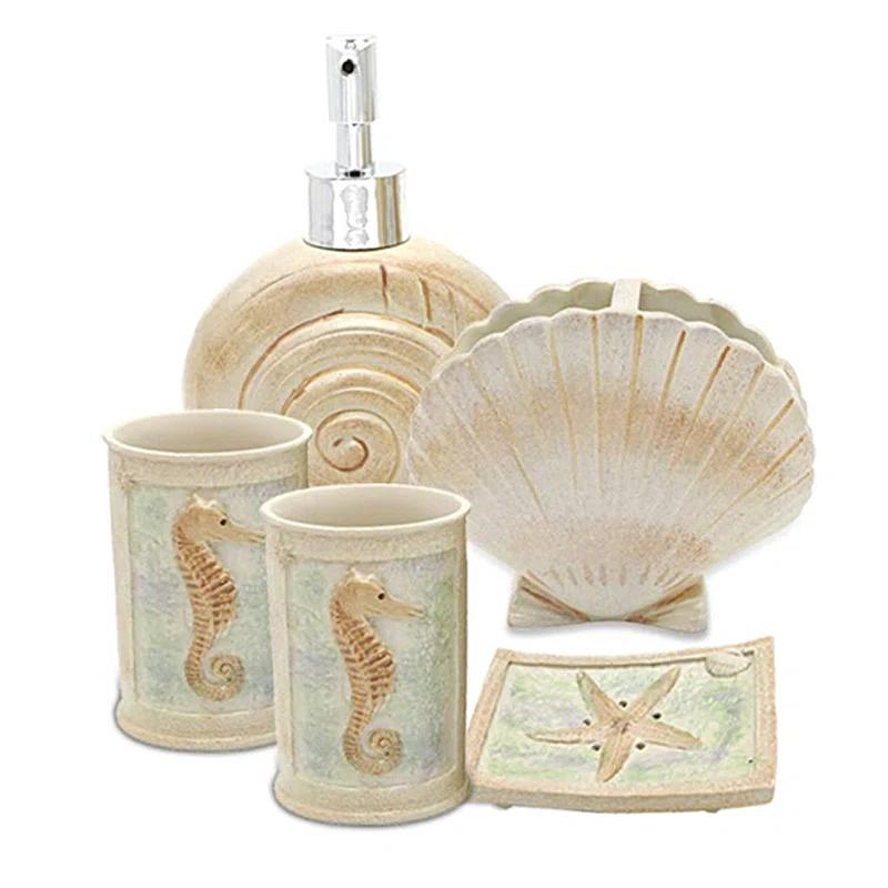 Rosecliff Heights Set, 5 PCS Beach Seashells Ensemble Set Includs Soap Dispenser, Soap Dish, Tumbler, Toothbrush Holder - Ivory Polyresin Set For Home, Office, Superior Hotel | Wayfair