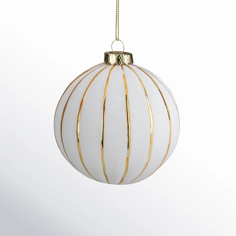 4" Glittered White and Gold Striped Glass Christmas Ball Ornament