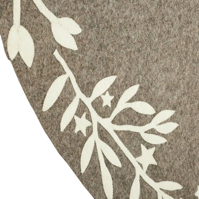 Handmade Green Felt Christmas Tree Skirt with Cream Branches and Stars - 60"