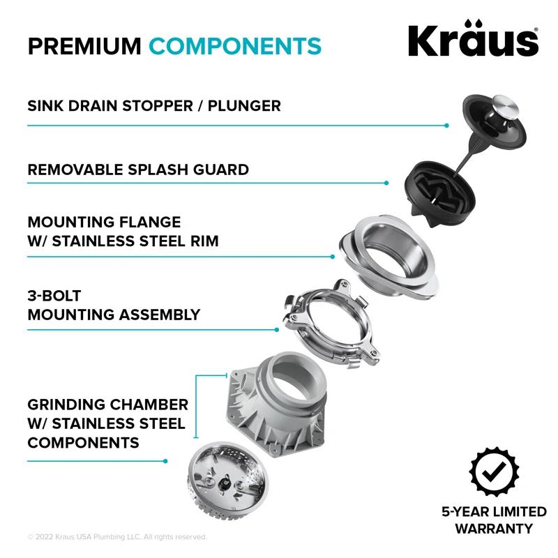 Kraus KRAUS Wasteguard High-Speed 3/4 HP Continuous Feed Ultra-Quiet Motor Garbage Disposal With Power Cord And Flange Included And Universal Mount, KWD210-75MGR