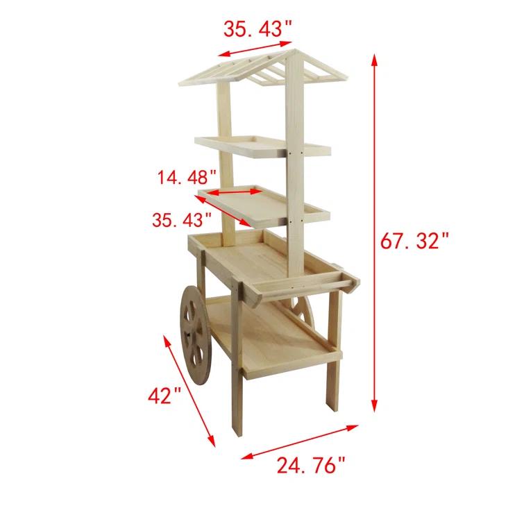 FixtureDisplays Flower Cart Vending Cart Farmers Market County Fair Wagon Wood Stall Stand Rolling Shelf Retail