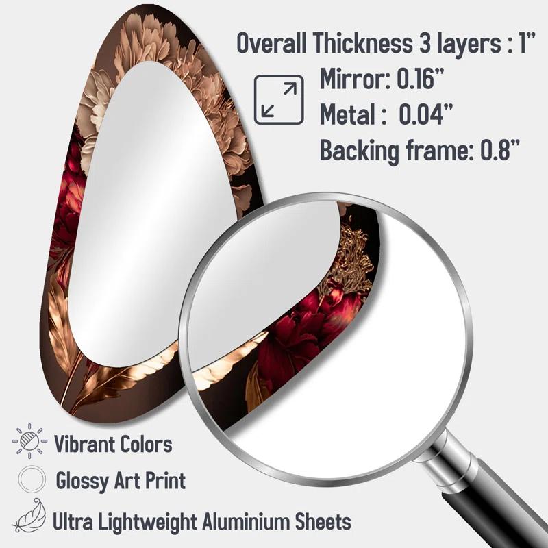 Design Art Gilded Rose Vintage Glam IV - Floral Asymmetrical Decorative Wall Mirror, Pink Unique Shape Large Mirror, Printed Metal Art