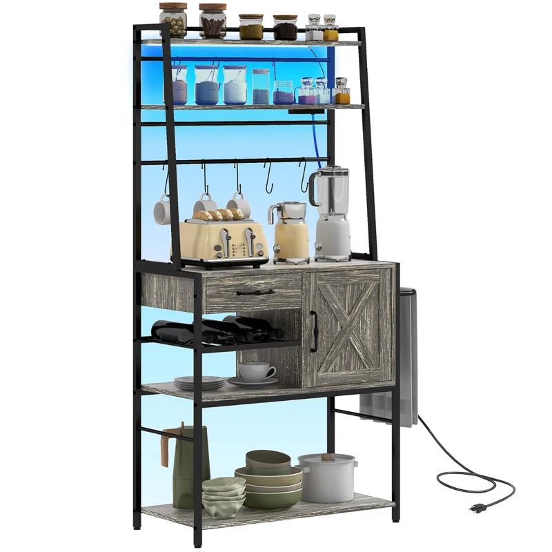 Baker's Rack With Power Outlet And LED Lights, Coffee Bar With Storage Shelves, Industrial Microwave Stand With Wine Bottle Rack