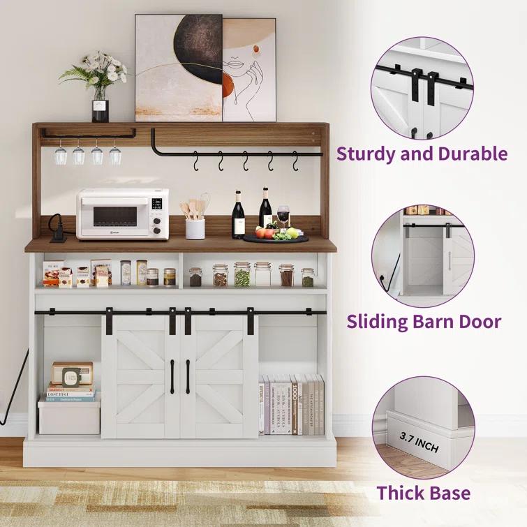 Gracie Oaks Gracie Oaks Farmhouse Coffee Bar Cabinet with Power Outlets, Goblet Holder & Sliding Barn Doors