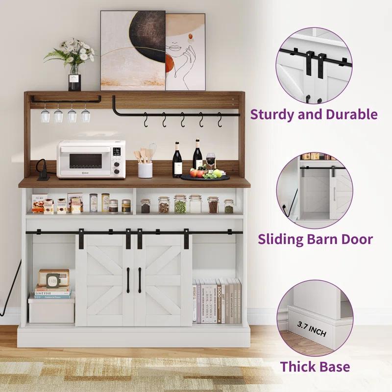 Gracie Oaks Gracie Oaks Farmhouse Coffee Bar Cabinet with Power Outlets, Goblet Holder & Sliding Barn Doors