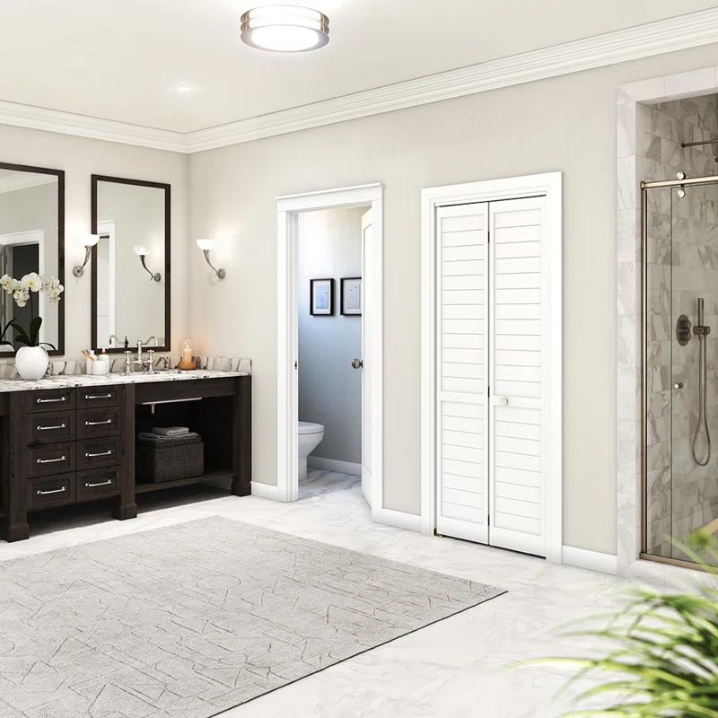 EightDoors 80-in Louvered Wood Finished Painted Flat Bi-Fold Door