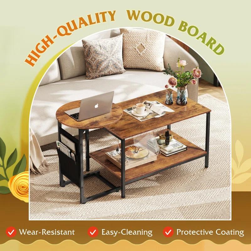 17 Stories Coffee Table, 31.3" And 18.7" Small Coffee Tables For Living Room, Modern Center Table And Side Table Set With Storage Side Pouch For Bedroom, Apartment, Rustic Brown