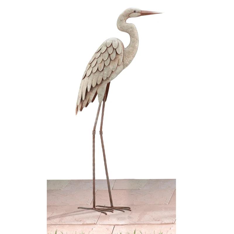 Elegant Off-White Metal Egret Garden Sculpture