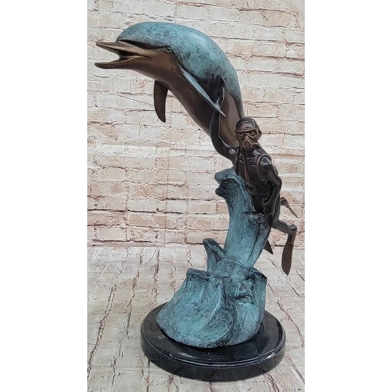 Rosecliff Heights Severy Scuba Diver  Imitative Dolphin Real Bronze Sculpture Statue Original Numbered Art By Marius