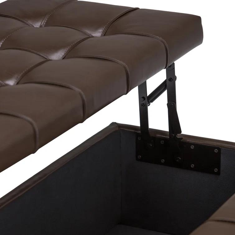 Simpli Home Harrison 36"W Upholstered Square Coffee Table Storage Ottoman with Split Lift Top
