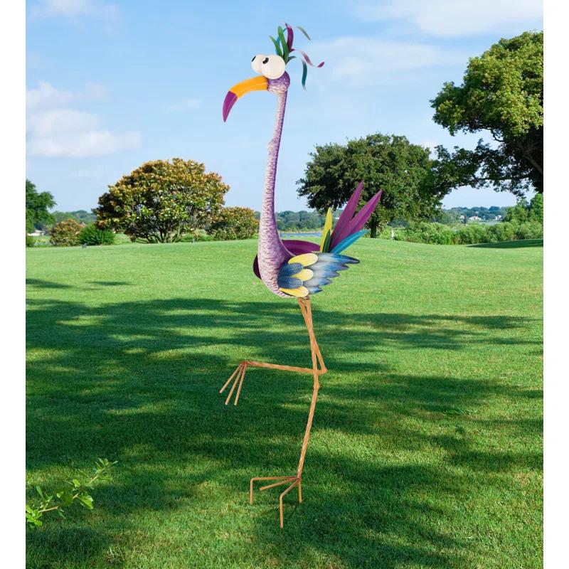 Colorful Painted Metal Crane Bird Outdoor Stake