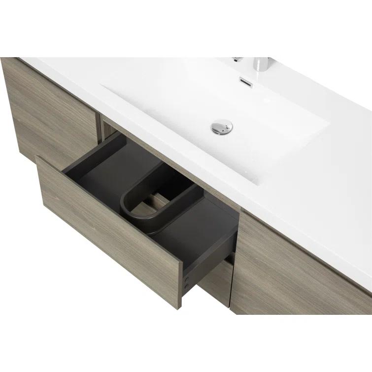 60" Floating Bathroom Vanity Modern Wall-Mounted Storage Vanity with Resin Top Basin, 2 Cabinets and 2 Soft Close Drawers